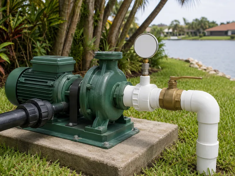 Centrifugal irrigation pump installed beside a lake intake