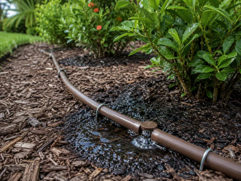 Drip irrigation tubing and emitters running through a planting bed