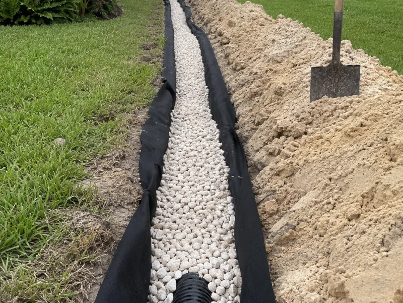 French drain trench with washed stone in a Central Florida yard