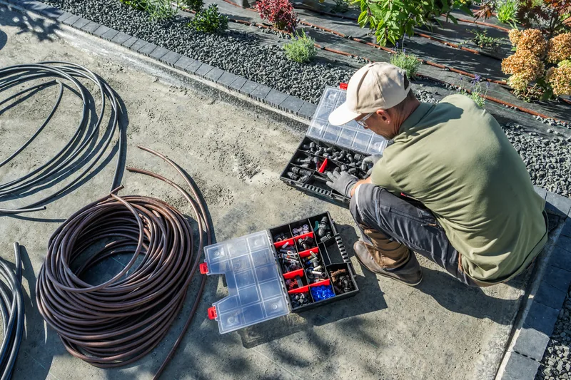 Installer sorting irrigation fittings from parts trays beside coils of poly tubing