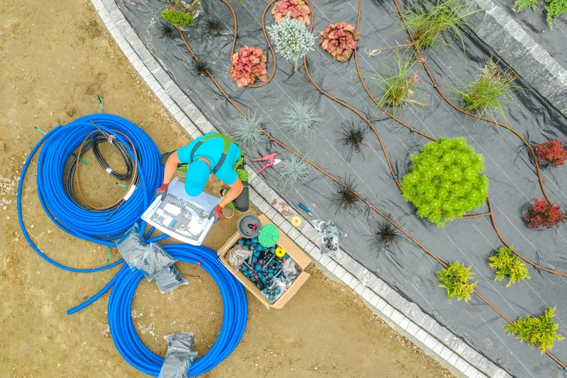 Overhead view of an irrigation install in progress, plan in hand beside coils of poly pipe