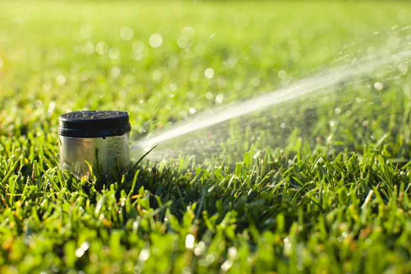 Pop-up rotor head set flush in thick, broad-bladed lawn turf, running a single stream