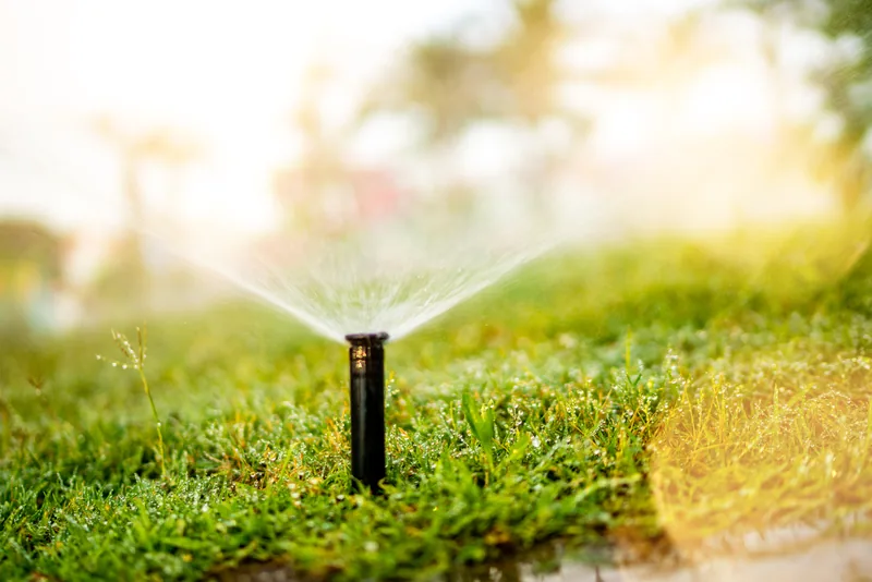 Pop-up spray head running on a lawn edge in warm afternoon light
