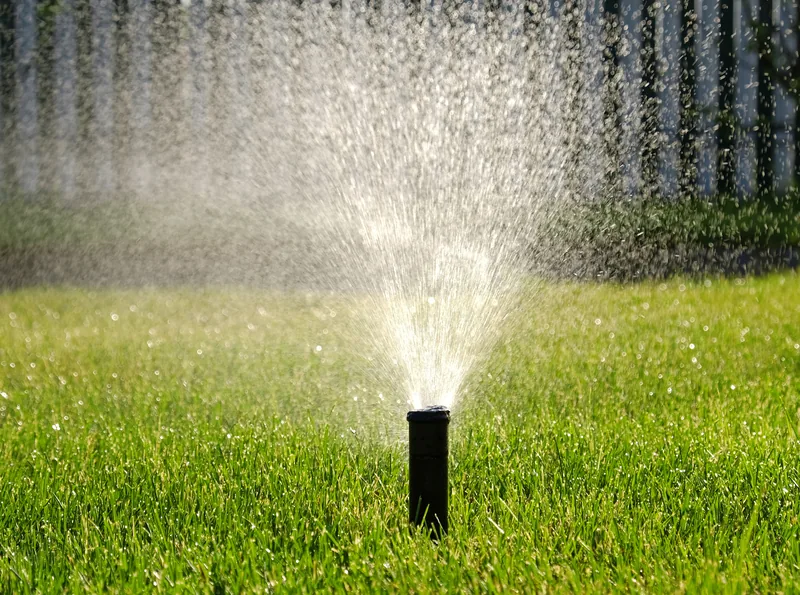 Pop-up spray head running a fan pattern across a lawn