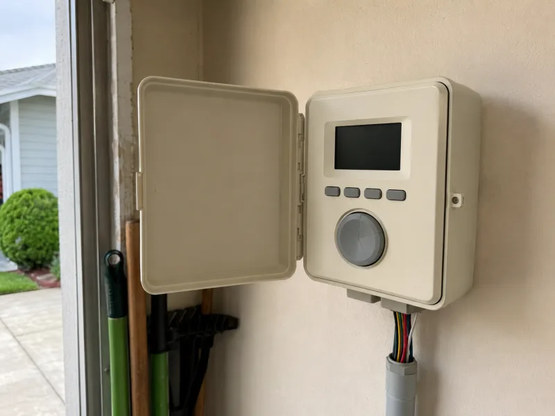 Smart irrigation controller mounted on a garage wall with the cover open